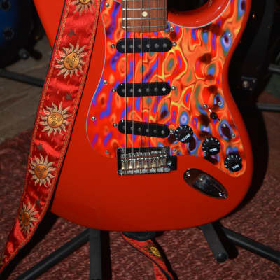 A firery Fender Player Stratocaster in Red w/New Flame Pickguard, New Dunlop Straploks, New Case, & New Set-Up! image 3