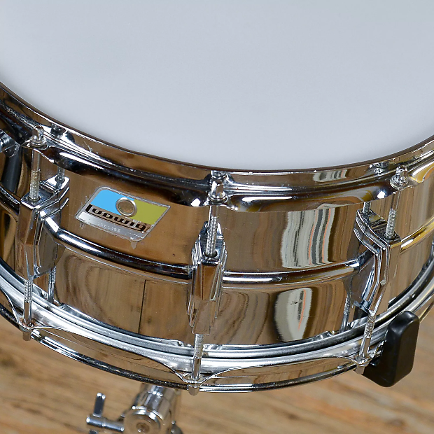 Ludwig No. 402 Supraphonic 6.5x14" Aluminum Snare Drum with Pointed Blue/Olive Badge 1969 - 1979 image 2