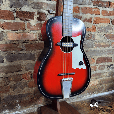 Astro Parlor Guitar w/ Goldfoil Pickup, Rubber Bridge & Gig Bag (1960s, Redburst) image 2