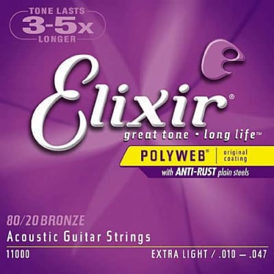Elixir Strings Polyweb Extra Light 80/20 Bronze Acoustic Guitar Strings 10-47 for sale