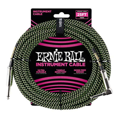 Ernie Ball 6066 Instrument Cable, 25', Braided Black/Green image 1