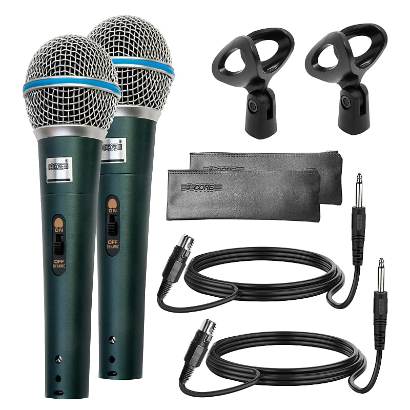 5 Core Professional Dynamic Microphone PAIR Cardiod Unidirectional Handheld Mic Karaoke Singing Wired Microphones with Detachable XLR Cable, Mic Clip, Carry Bag  BETA 2PCS image 1