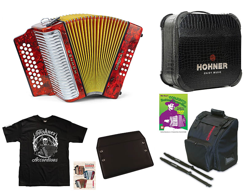 Hohner Corona II Classic GCF Red Rojo Accordion Acordeon +Case,Bag,Straps,Pad, DVD,Book,Shirt Dealer image 1