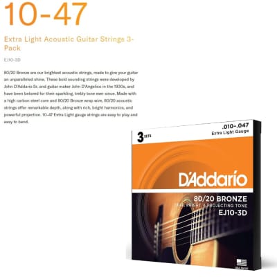 DAddario EJ10-3D EXTRA LIGHT 80/20 Bronze 10-47 Acoustic Guitar Strings 3 SETS image 2