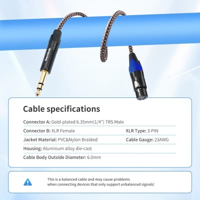 2Pack 1/4" to XLR Cable, Heavy Duty Nylon Braided, Gold Plated Plug,Balanced 1/4" TRS to XLR Female Patch Cable, Quarter Inch 6.35mm to 3pin XLR Female Microphone Cable, for Speaker,Mixer-6.6ft image 5