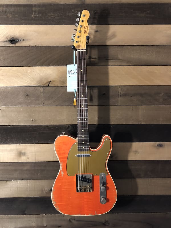 Von K Guitars T-Time GT Tele Flame Maple Slab Top Binding Aged Gretsch Orange Relic Nitro Lacquer image 1