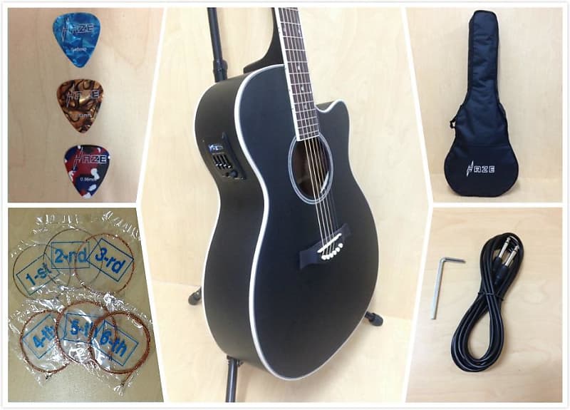 Haze F560CEQMBK 40" OM Shape Acoustic Guitar, Satin Black w/EQ, Cutaway + Free Bag image 1