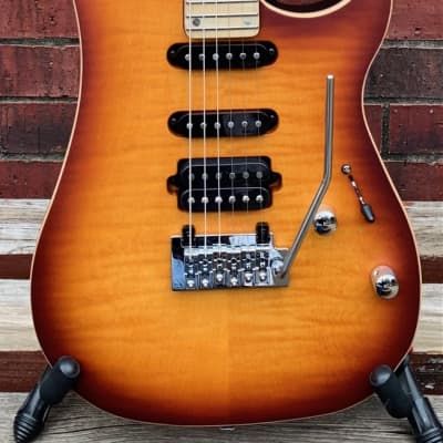 Vigier Excalibur Ultra Blues HSS Amber Matte Flame Top Guitar W/Tremolo & Deluxe Gig Bag image 2