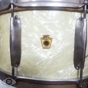 vintage 1940s WFL 7x14 Zephyr lug 3 ply snare drum in White Marine Pearl image 5