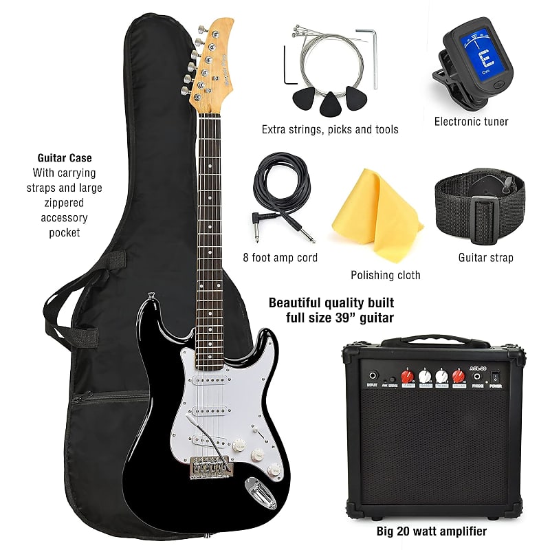 Donner 39 Electric Guitar Beginner Kit Solid Body HSS Pickup Full Size for  Starter with Amplifier, Bag, Capo, Strap, String, Tuner, Cable, Picks Left  Handed, Black 