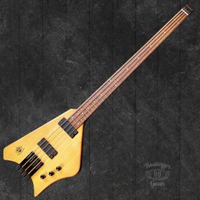 BootLegger Guitar Ace 4  String Headless Bass Honey Clear 7.8 Lbs With Stiletto Case & Flask image 4