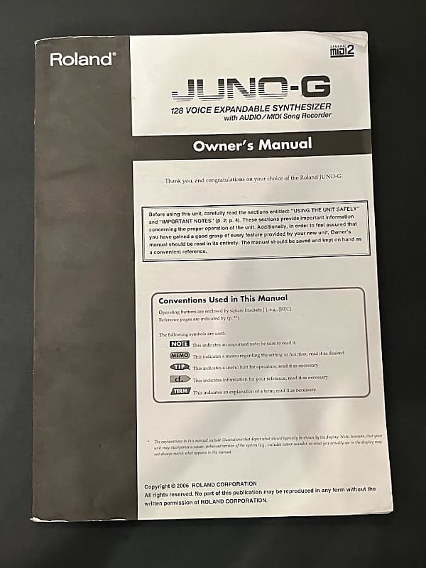 Roland Juno-G 128 Voice Expandable Synthesizer with Audio/MIDI Song recorder Owner's Manual image 1