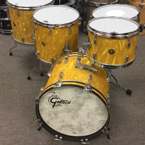 Gretsch USA Custom 12/14/16/18/20/5.5 drum set 130th anniversary New Old Stock Gold Satin Flame image 2
