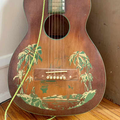 Buckeye Parlor guitar w palm tree motif Mid-century | Reverb