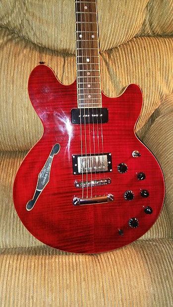 Fret King Elise GG Gordon Gilltrap Semi Hollow Transparent Red With Humbucker P90 and Piezo Reverb