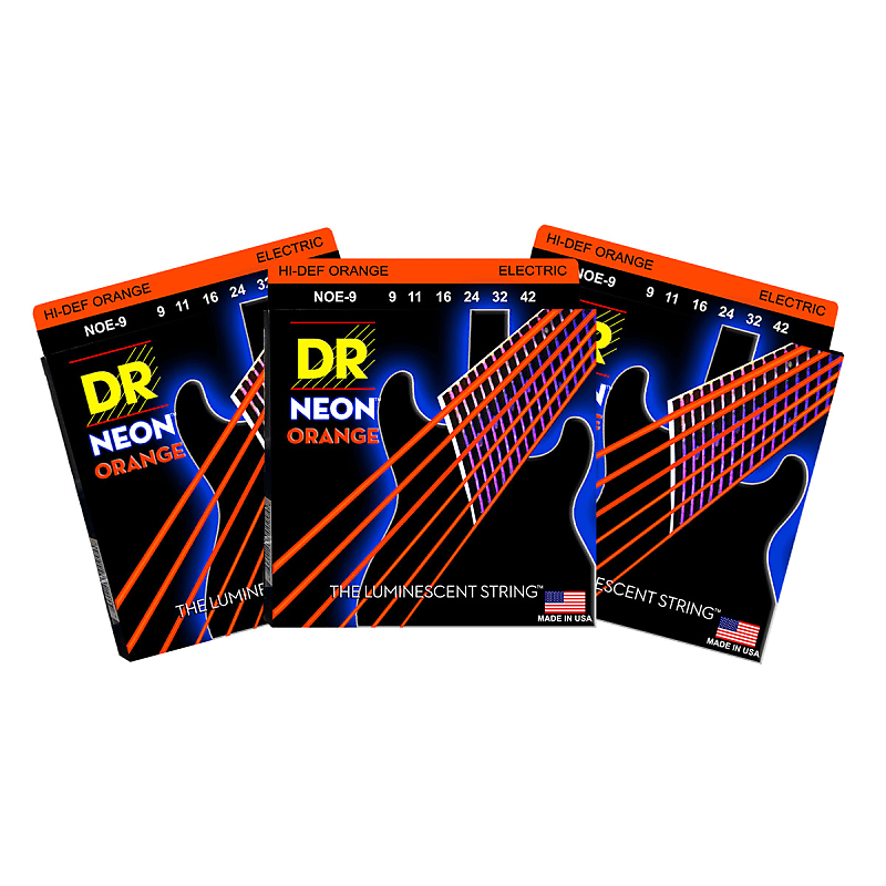 3 Sets DR Strings NOE-9 Neon Hi-Def Orange Light 9-42 Electric Guitar Strings image 1