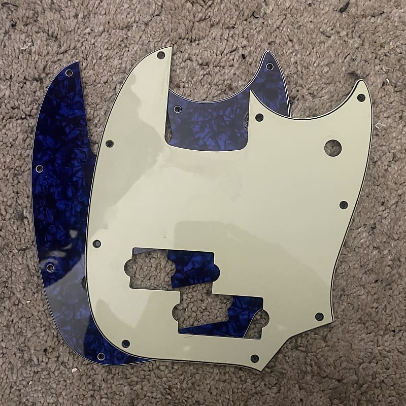 2 x Fender Mustang PJ Bass pickguards (mint green and blue Reverb UK
