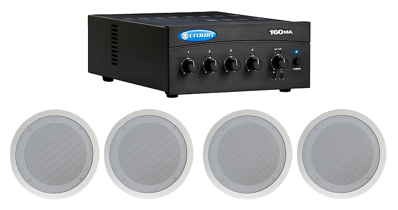 Crown 70v Amplifier+(4) White 8&quot; Commercial Ceiling Speakers 4 Restaurant/Office  			