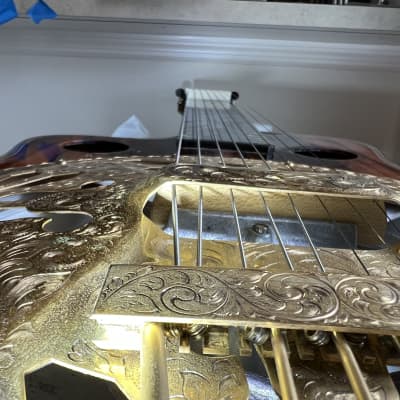 Benoit Custom 8 String Resonator Guitar, Engraved, Gold-plated, Macassar Ebony image 11