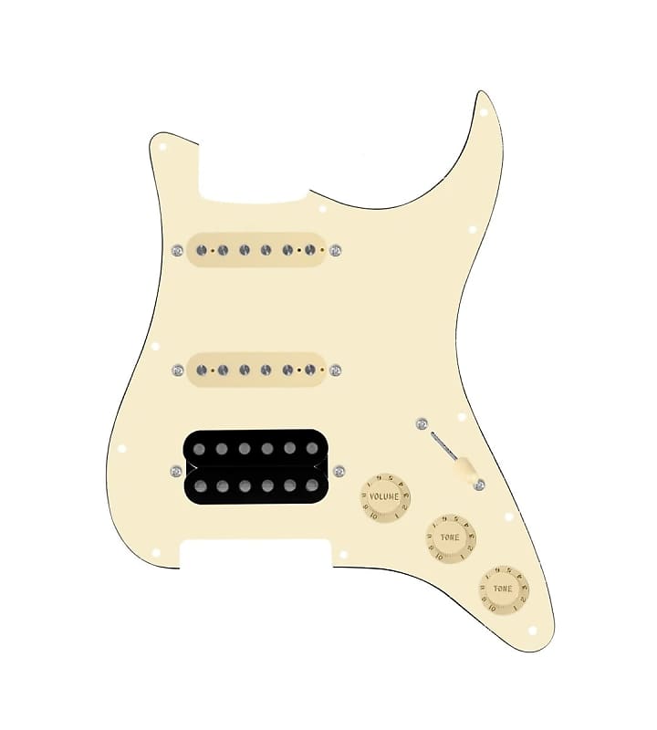 920D Custom HSS Loaded Pickguard For Strat With An Uncovered Cool Kids Humbucker, Aged White Texas Grit Pickups, Black Knobs, and Aged White Pickguard image 1