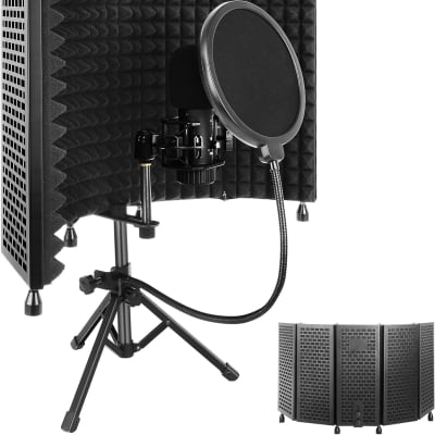 Studio Recording Microphone Isolation Shield with Pop Filter and Tripod Stand, High Density Absorbent Foam to Filter Vocal, Foldable Sound Shield for Blue Yeti and Condenser Microphones -  Black image 1