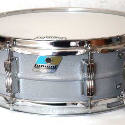 Ludwig L-404 Acrolite 5x14" 8-Lug Aluminum Snare Drum with Rounded Blue/Olive Badge 1983 - 1984 - Gray image 1