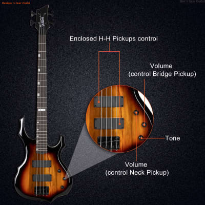 Glarry Burning Fire Bass Guitar Sunset Color 4 String Burning Fire enclosed H-H Pickup Electric Bass image 6