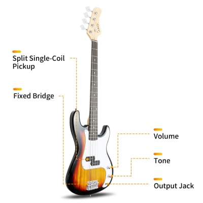 Glarry GP Electric Bass Guitar Sunset w/ 20W Amplifier image 6