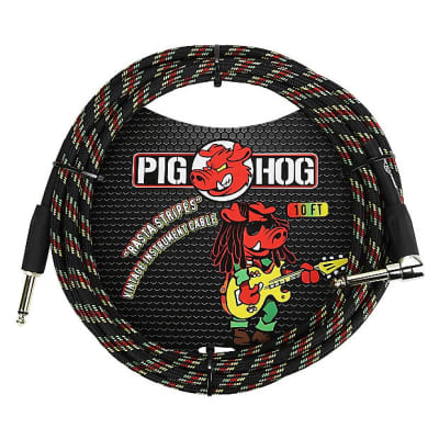 Pig Hog "Rasta Stripes" Woven Vintage Instrument Cable - 10 FT Right Angle (PCH10RAR), Reggae image 2