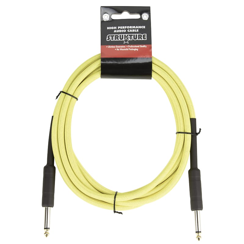 Strukture 18.6 ft Instrument Cable, 6mm Woven, 1/4" TS Straight Plugs, Hi-Viz Neon Yellow. image 1