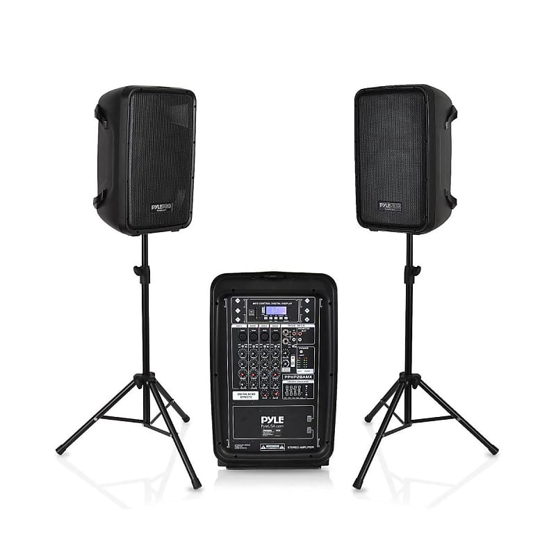 Includes　Studio　Audio　Pyle　2-Way　PA　Mixer,　8-Channel　PPHP28AMX　Wired　Reverb　300W　2x　Dual　Speaker　Stage　Stands　Bluetooth　Enabled　Speakers　Kit,　Tripod　and