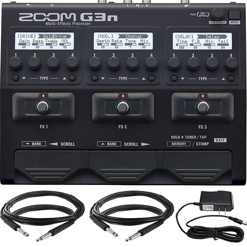 Zoom G3n Multi-Effects Pedal Processor For Electric Guitar + Pig Hog  Solutions 3.5mm TRS to 3.5mm TRS Adapter Cable + Pig Hog Tour Grade 10ft