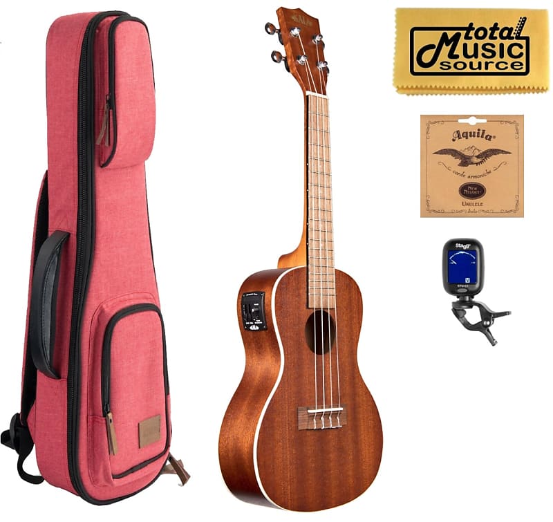 Kala KA-CE Satin Mahogany Concert A/E Ukulele, w/ Red Sonoma Case Bundle