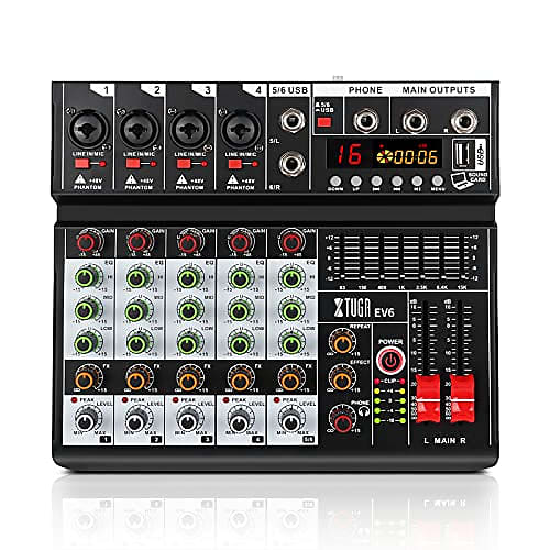 XTUGA EV6 Professional 6 Channel Audio Mixer with 16 DSP Effects,7-band EQ,Independent 48V Phantom PowerBluetooth Function,USB Interface Recording for Studio/DJ Stage/Party/Home Recording image 1