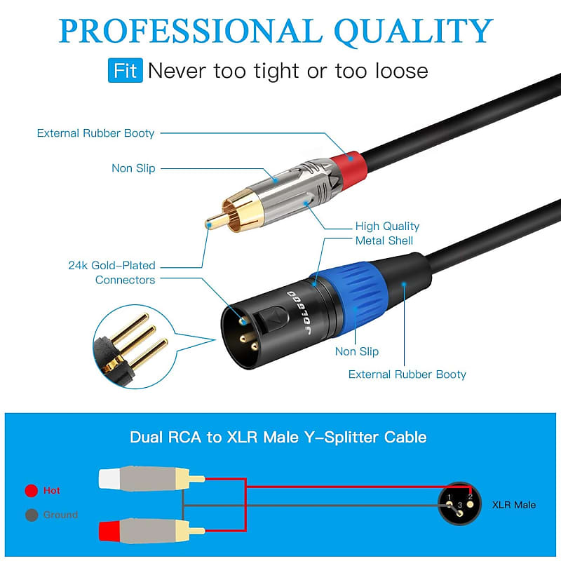 XLR Male to Dual 1/4 TS Mono Y Splitter Microphone Cable, XLR Male to Dual  6.35mm TS Y Adapter Cord, 6.6 Feet - JOLGOO : : Musical Instruments