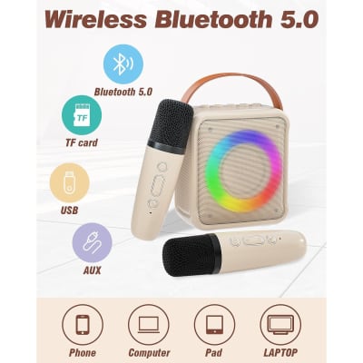 Karaoke Machine for Kids and Adults with 1 Wireless Karaoke Microphone and  1 Wired Mic, PA Portable Speaker System with LED Lights, Supports TF  Card/USB, AUX/MIC in, TWS for Home Party, Burletta