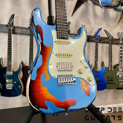 Schecter USA Custom Shop Nick Johnston Traditional Electric Guitar w/ Case-Lake Placid Blue over 3-Tone Sunburst (Heavy Relic) image 3