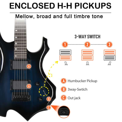 Glarry Blue 36inch Burning Fire Style Electric Guitar HH Pickup w/20W Amplifier image 6
