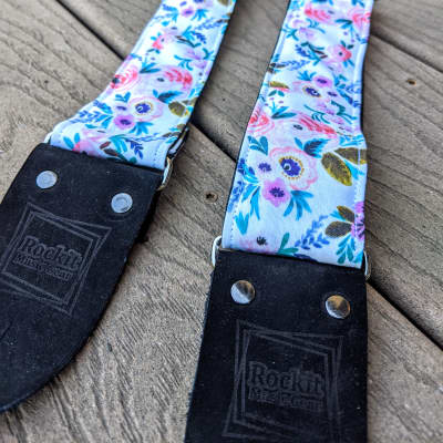 Rockit Music Gear Pink, Teal, Purple, Green and White Spring Floral Print Handmade Guitar Strap White image 4