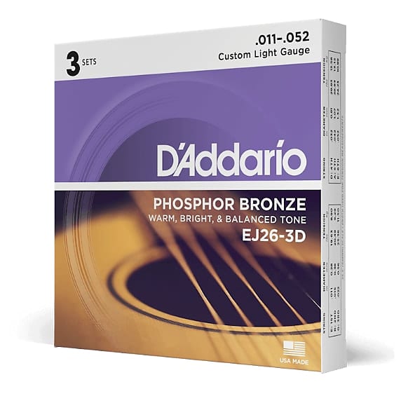 D'Addario EJ26-3D Phosphor Bronze Acoustic Guitar Strings Custom Light 11-52 (3 Sets) image 1