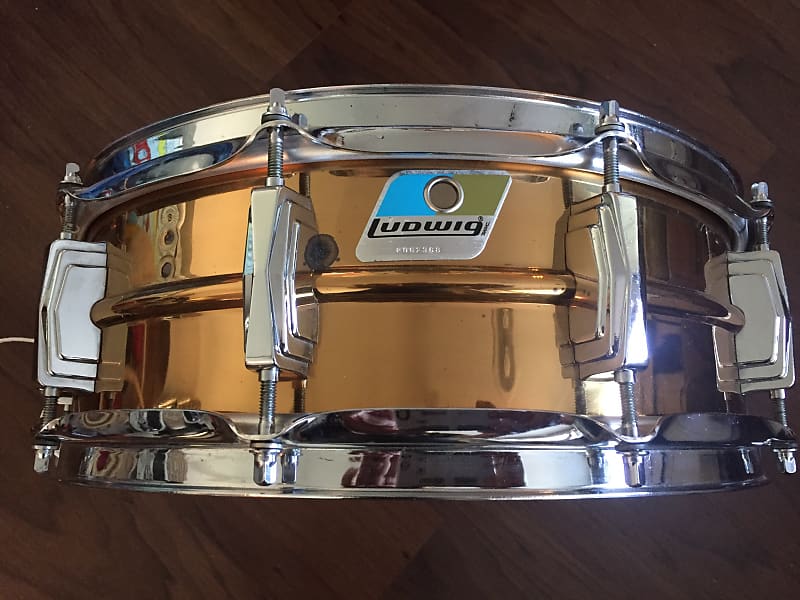Ludwig No. 550 Bronze 5x14" Snare Drum with Rounded Blue/Olive Badge 1981 - 1984 image 2