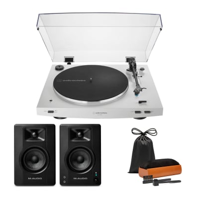 Audio Technica AT-LP3XBT Automatic Wireless Belt-Drive Bluetooth Turntable (White) with M-Audio BX3BT 3.5-Inch 120W Bluetooth Studio Monitors (Black) and Cleaning Kit image 1