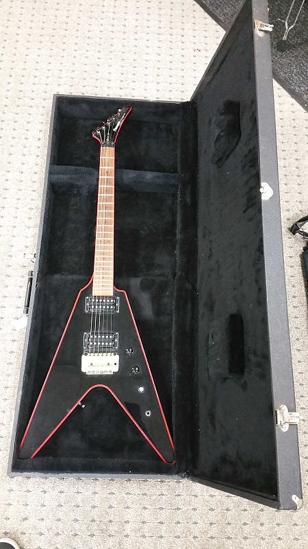Fernandes Flying V 6 String Electric Black Guitar with Red Trim and Hard Case image 1
