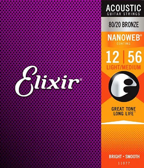 Elixir 11077 Nanoweb Coated 80/20 Bronze Acoustic Guitar Strings Light Medium (12-56) image 1