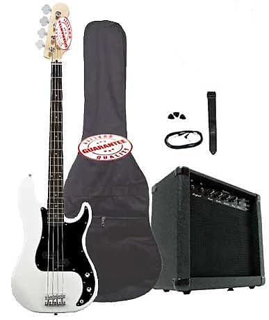 Electric Bass Guitar Pack with 20 Watts Amplifier, Gig Bag, Strap, and Cable, White image 1