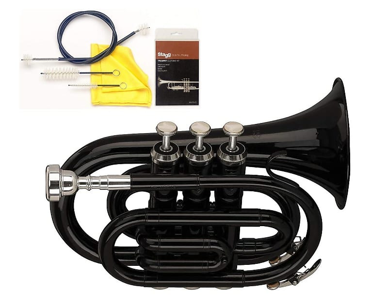 Stagg Black Brass Pocket Trumpet in Bb w/ Case + Pro Cleaning Kit