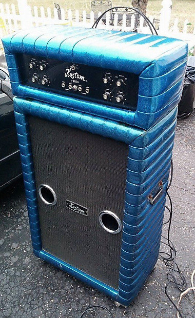 Kustom 200 Blue Sparkle Bass Amp 2 X 15 Piggy Back Amplifier COOL w Covers