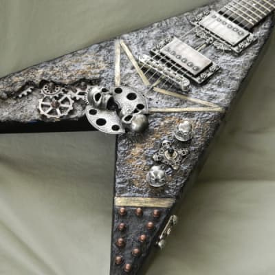 Steampunk Skull B.C. Rich junior V Guitar hand sculpted top handmade skull hardware flying v image 2