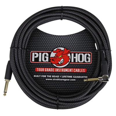 Pig Hog Instrument Cable Black Woven 1/4" to Right Angle 20 ft.
