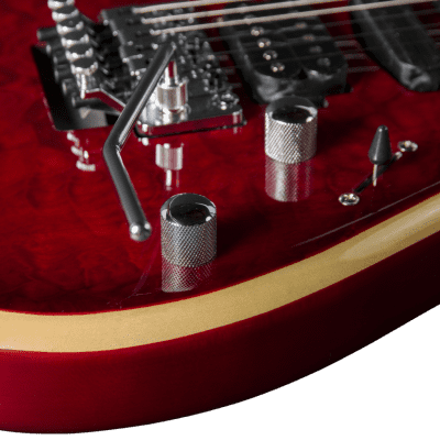 Bootlegger Guitar Royal Coil Split, HHH, Clear Deep Burgundy Quilted Maple, Double Lock Tremolo image 5